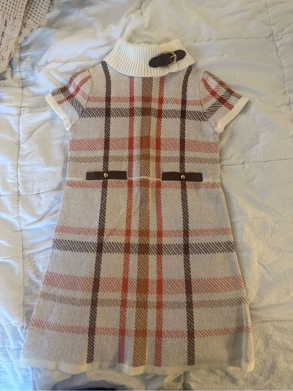Janie and Jack Cream Knit Plaid Dress with Brown Accents